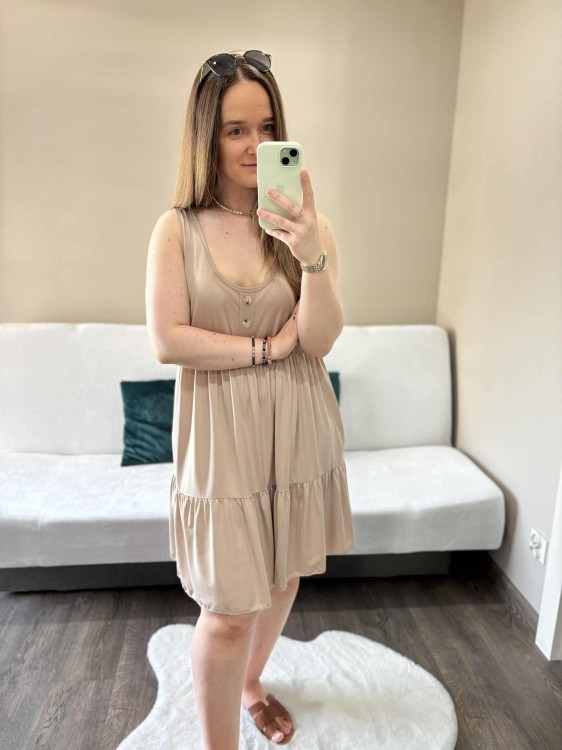 sukienka lyocell, sukienka na lato, zwiewna sukienka, sukienka baby doll, sukienka damska, sukienka na plażę, przewiewna sukienka beżowa, sukienka z kieszeniami