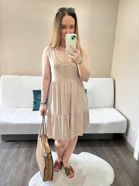 sukienka lyocell, sukienka na lato, zwiewna sukienka, sukienka baby doll, sukienka damska, sukienka na plażę, przewiewna sukienka beżowa, sukienka z kieszeniami