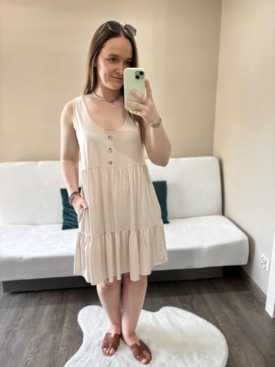 sukienka lyocell, sukienka na lato, zwiewna sukienka, sukienka baby doll, sukienka damska, sukienka na plażę, przewiewna sukienka beżowa, sukienka z kieszeniami