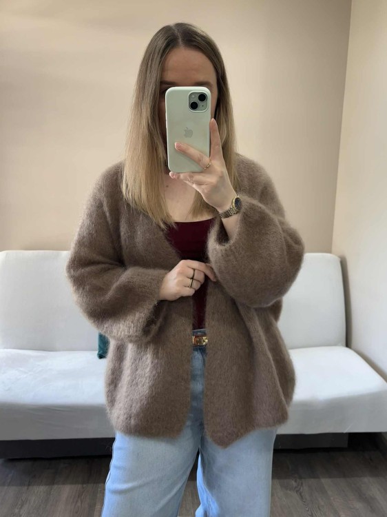 kardigan moherowy damski, kardigan kid moher, kardigan moherowy karmelowy, luźny kardigan na jesień do jeansów, kardigan oversize z moheru, puszysty kardigan moherowy, kardigan premium z moheru