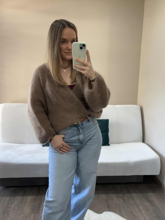 kardigan moherowy damski, kardigan kid moher, kardigan moherowy karmelowy, luźny kardigan na jesień do jeansów, kardigan oversize z moheru, puszysty kardigan moherowy, kardigan premium z moheru
