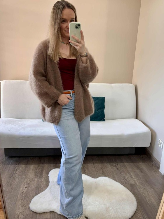 kardigan moherowy damski, kardigan kid moher, kardigan moherowy karmelowy, luźny kardigan na jesień do jeansów, kardigan oversize z moheru, puszysty kardigan moherowy, kardigan premium z moheru