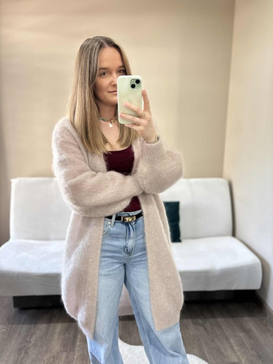 Długi kardigan kid moher, długi kardigan moherowy, kardigan moherowy beżowy, długi kardigan na jesień, kardigan wełniany