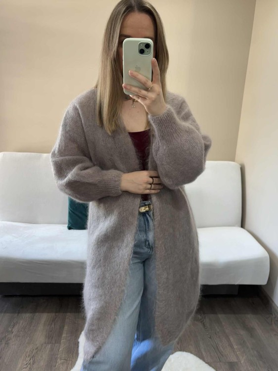 Długi kardigan kid moher, długi kardigan moherowy, kardigan moherowy szary, długi kardigan na jesień, kardigan wełniany