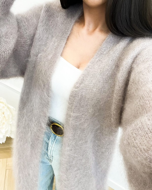 Długi kardigan kid moher, długi kardigan moherowy, kardigan moherowy szary, długi kardigan na jesień, kardigan wełniany