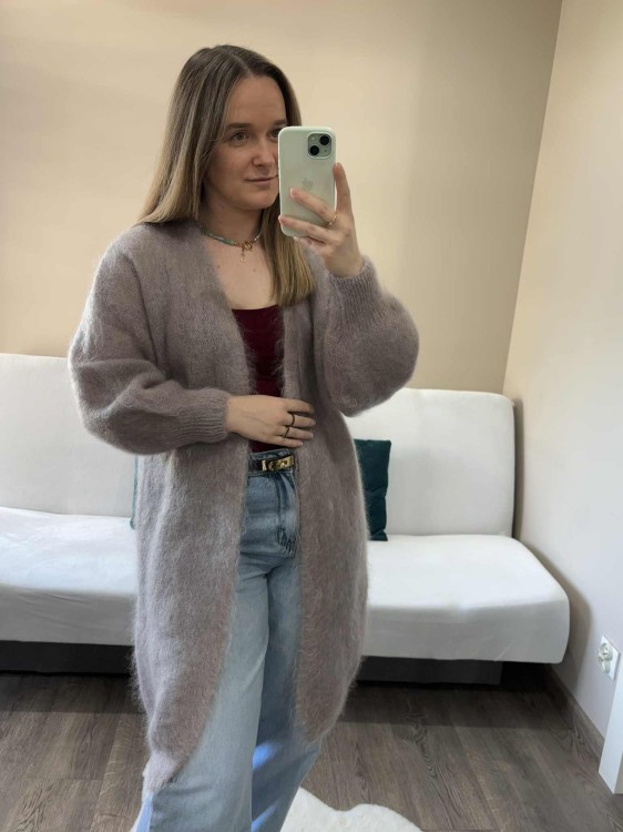 Długi kardigan kid moher, długi kardigan moherowy, kardigan moherowy szary, długi kardigan na jesień, kardigan wełniany