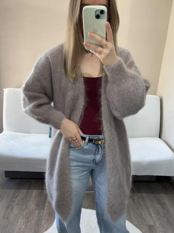 Długi kardigan kid moher, długi kardigan moherowy, kardigan moherowy szary, długi kardigan na jesień, kardigan wełniany