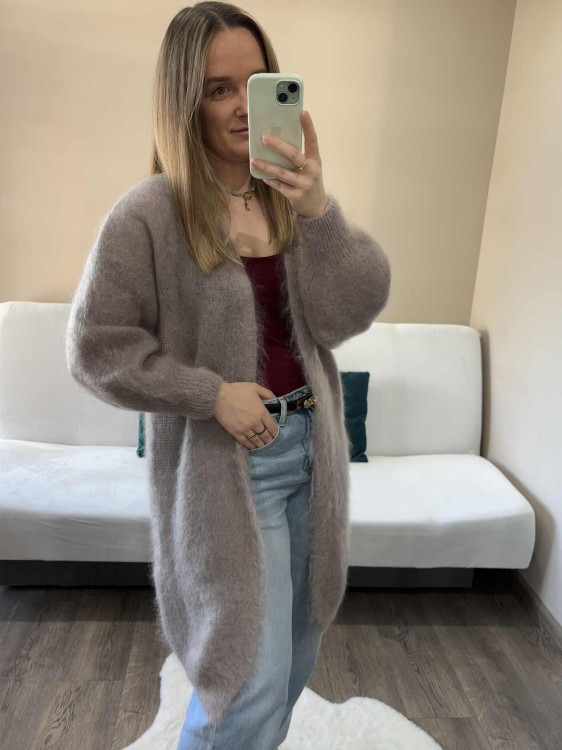 Długi kardigan kid moher, długi kardigan moherowy, kardigan moherowy szary, długi kardigan na jesień, kardigan wełniany