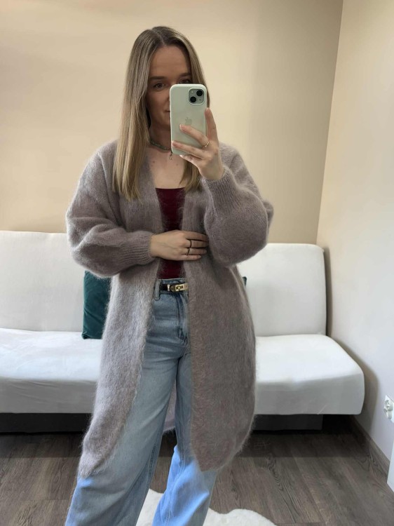 Długi kardigan kid moher, długi kardigan moherowy, kardigan moherowy szary, długi kardigan na jesień, kardigan wełniany