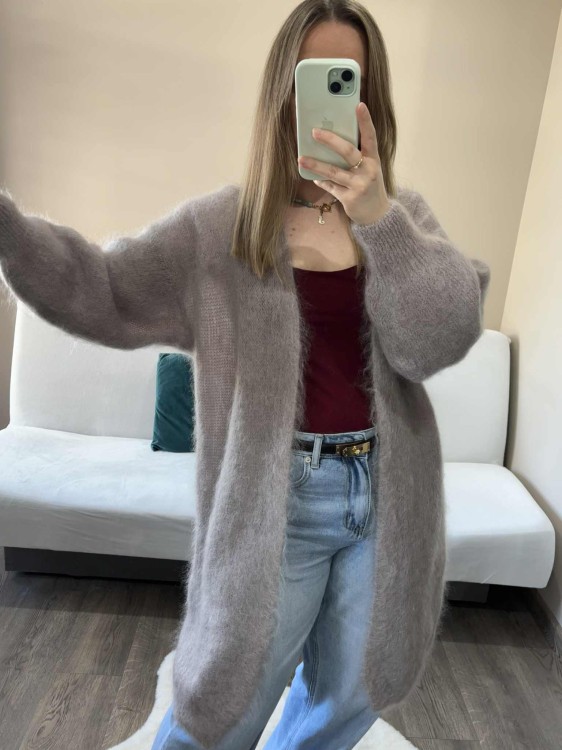 Długi kardigan kid moher, długi kardigan moherowy, kardigan moherowy szary, długi kardigan na jesień, kardigan wełniany