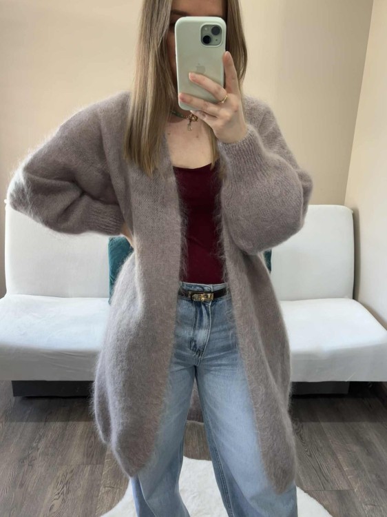 Długi kardigan kid moher, długi kardigan moherowy, kardigan moherowy szary, długi kardigan na jesień, kardigan wełniany