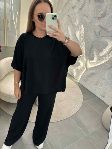 komplet damski z modalu, komplet modalowy damski, komplet plus size, wygodny komplet damski na jesień w kolorze czarnym, komplet damski na jesień, odzież domowa damska, komplet oversize, komplet modalowy na jesień