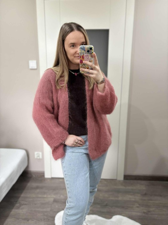 kardigan moherowy damski, kardigan kid moher, kardigan moherowy różowy, luźny kardigan na jesień do jeansów, kardigan oversize z moheru, puszysty kardigan moherowy, kardigan premium z moheru, kardigan moherowy ceglany
