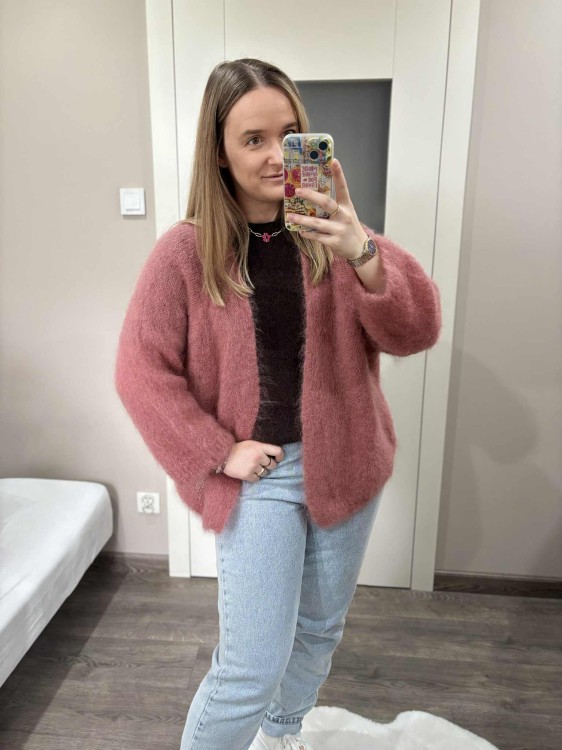 kardigan moherowy damski, kardigan kid moher, kardigan moherowy różowy, luźny kardigan na jesień do jeansów, kardigan oversize z moheru, puszysty kardigan moherowy, kardigan premium z moheru, kardigan moherowy ceglany