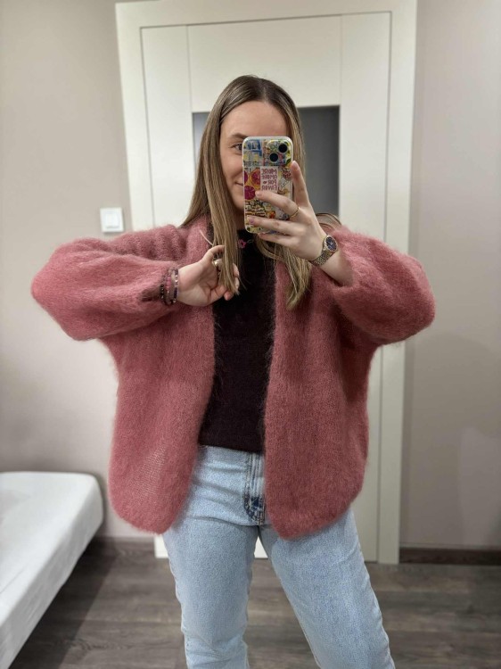 kardigan moherowy damski, kardigan kid moher, kardigan moherowy różowy, luźny kardigan na jesień do jeansów, kardigan oversize z moheru, puszysty kardigan moherowy, kardigan premium z moheru, kardigan moherowy ceglany
