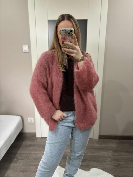 kardigan moherowy damski, kardigan kid moher, kardigan moherowy różowy, luźny kardigan na jesień do jeansów, kardigan oversize z moheru, puszysty kardigan moherowy, kardigan premium z moheru, kardigan moherowy ceglany
