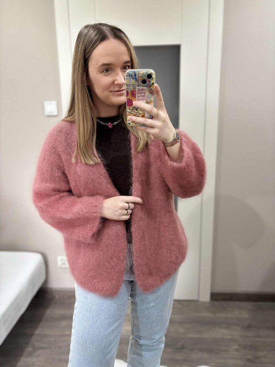 kardigan moherowy damski, kardigan kid moher, kardigan moherowy różowy, luźny kardigan na jesień do jeansów, kardigan oversize z moheru, puszysty kardigan moherowy, kardigan premium z moheru, kardigan moherowy ceglany