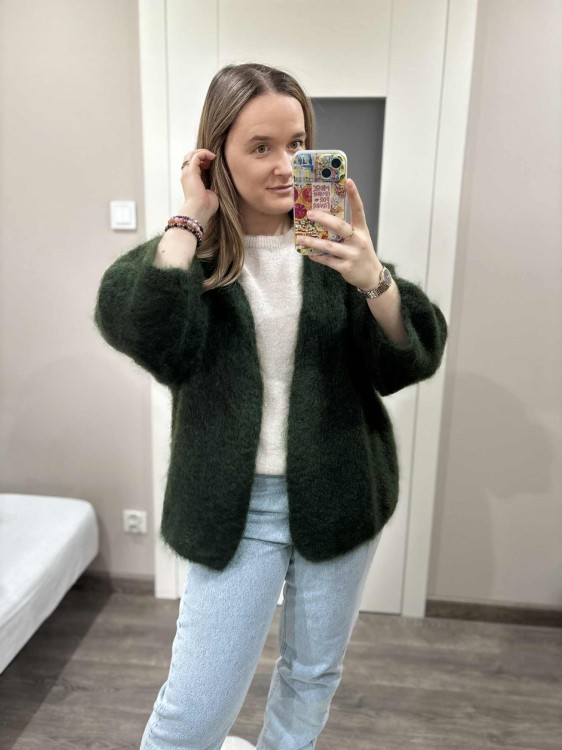 kardigan moherowy damski, kardigan kid moher, kardigan moherowy zielony, luźny kardigan na jesień do jeansów, kardigan oversize z moheru, puszysty kardigan moherowy, kardigan premium z moheru, kardigan moherowy khaki, kardigan moherowy butelkowa zieleń