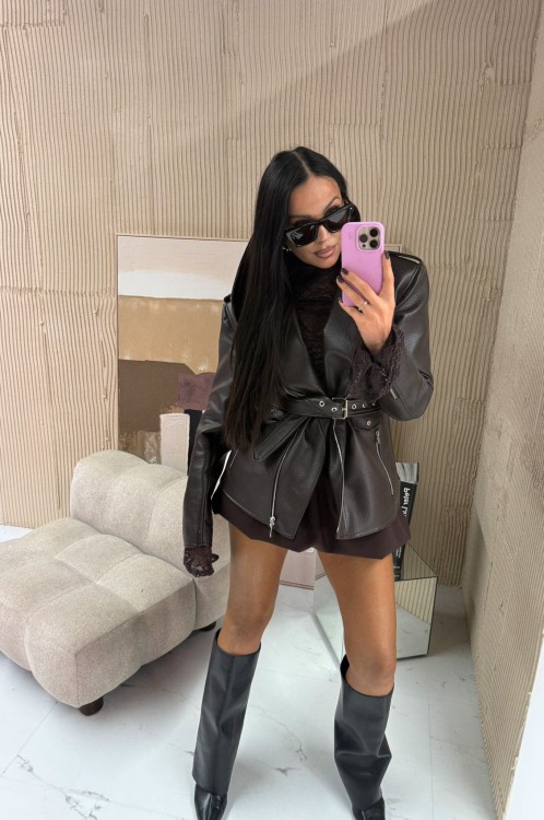 kurtka skórzana z kapturem la milla, kurtka skórzana czekoladowa z kapturem, kurtka ramoneska czekoladowa, kurtka skórzana la milla, ramoneska la milla, kurtka kaptur la milla czekoladowa, kurtka skórzana na jesień