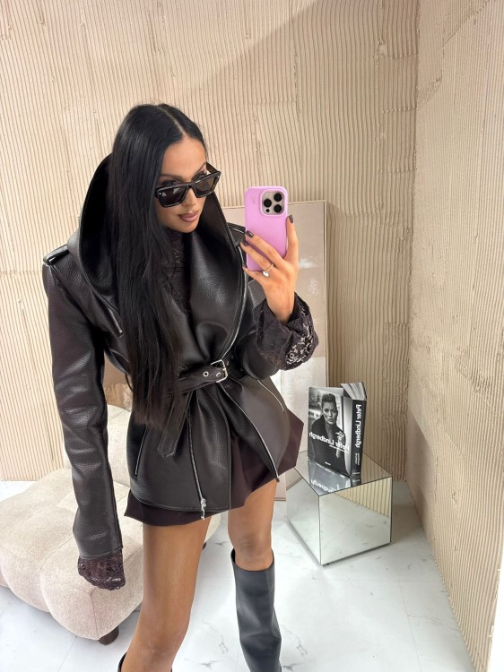 kurtka skórzana z kapturem la milla, kurtka skórzana czekoladowa z kapturem, kurtka ramoneska czekoladowa, kurtka skórzana la milla, ramoneska la milla, kurtka kaptur la milla czekoladowa, kurtka skórzana na jesień