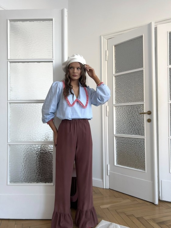 purpura spodnie Małgorzata, purpura spodnie z falbaną, purpura spodnie ceglane, purpura spodnie wiskozowe, spodnie purpura cynamon, spodnie z falbanką purpura, spodnie falbana purpura, wiskozowe spodnie ceglane, ceglane spodnie wiskozowe