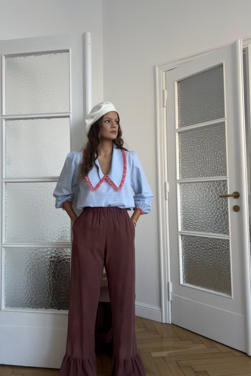 purpura spodnie Małgorzata, purpura spodnie z falbaną, purpura spodnie ceglane, purpura spodnie wiskozowe, spodnie purpura cynamon, spodnie z falbanką purpura, spodnie falbana purpura, wiskozowe spodnie ceglane, ceglane spodnie wiskozowe