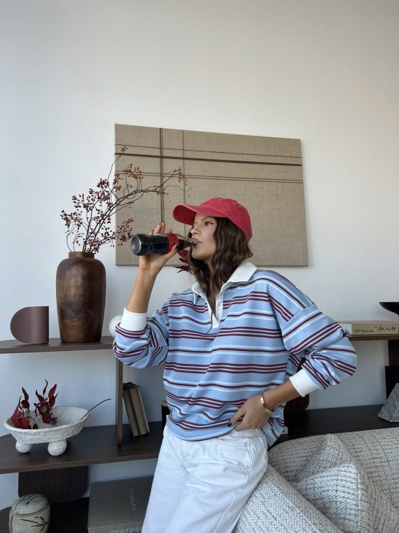 bluza rysia purpura, bluza w paski z kołnierzykiem purpura, bluza z kołnierzykiem na wiosnę, bluza damska polo, bluza z kołnierzykiem do jeansów, bluza dresowa do kamizelki puchowej, bluza dresowa w paski na wiosnę do jeansów